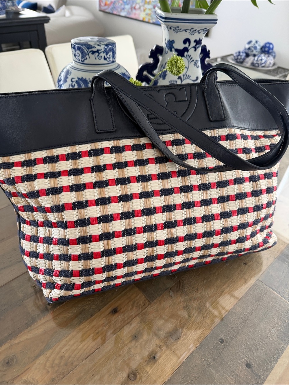 Tory Burch Tote in Blue, Red and Cream